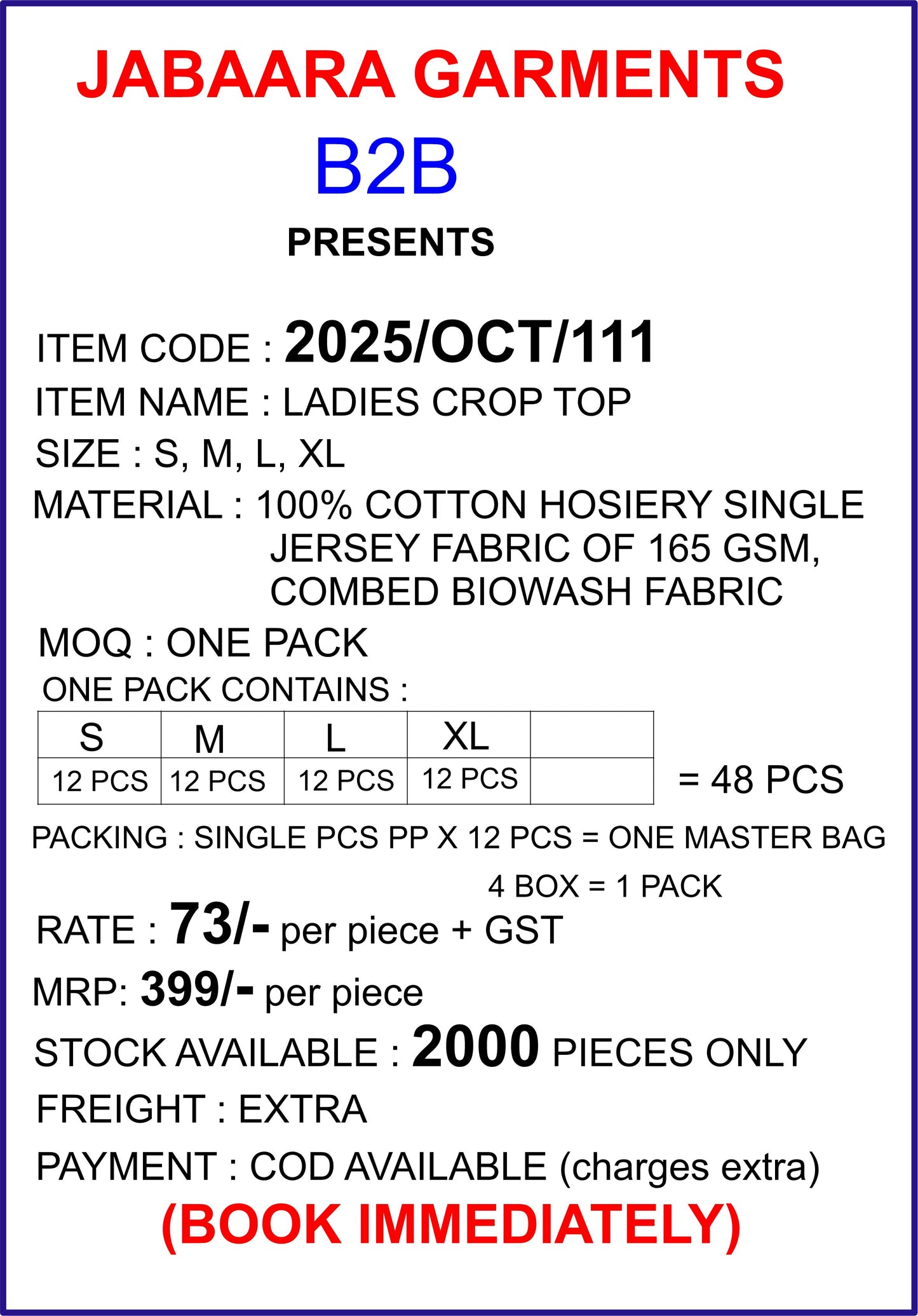 Ladies Crop Top (48 PCS PACK)