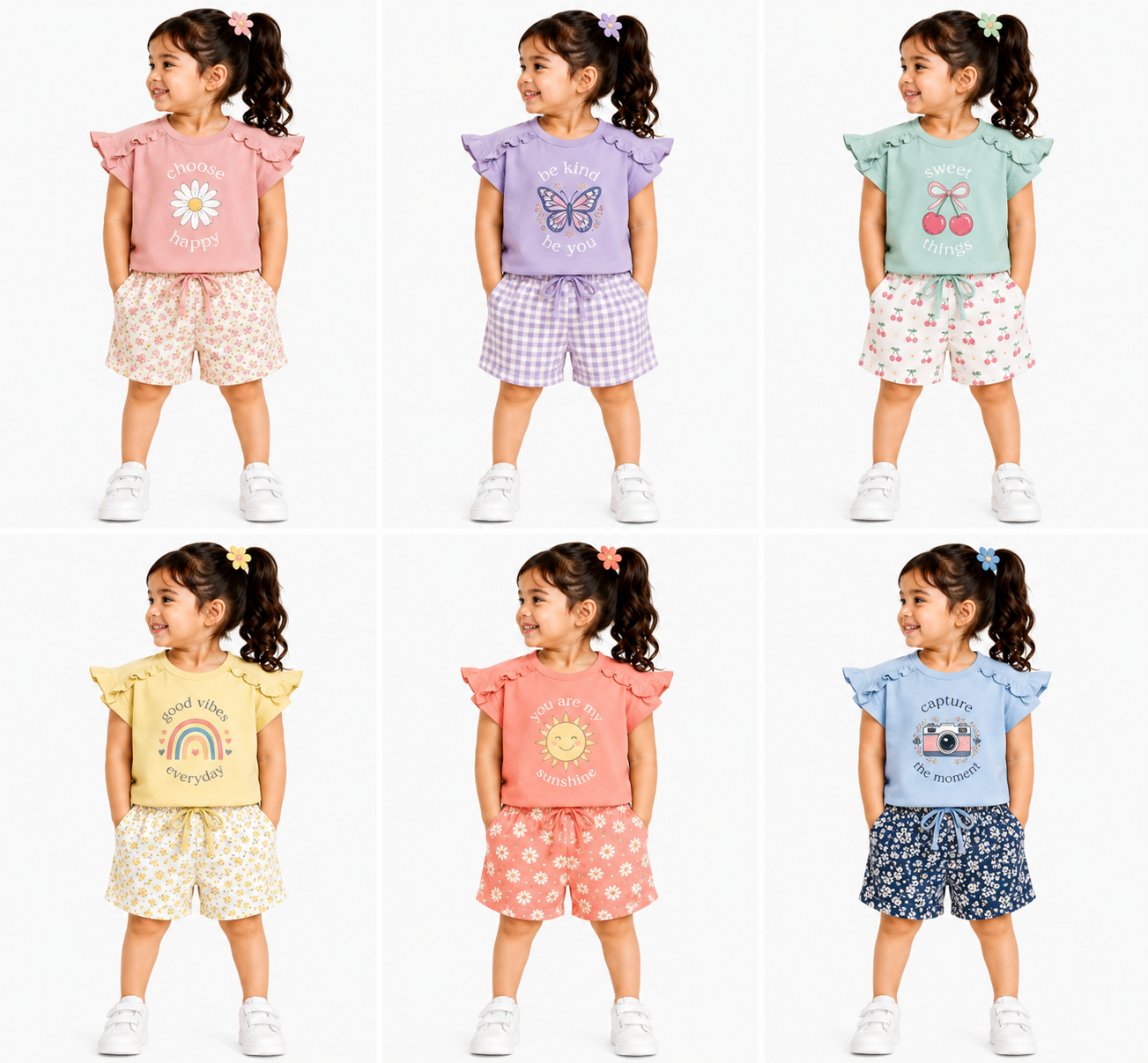 Toddler Girls Ruffle Sleeve Top & Printed Shorts Co-Ord Set (383) - Image 2