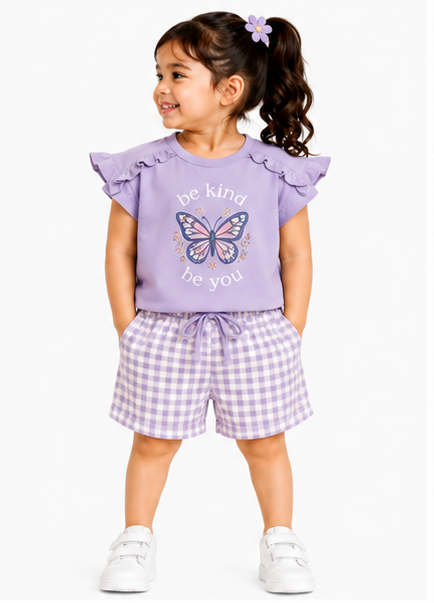 Toddler Girls Ruffle Sleeve Top & Printed Shorts Co-Ord Set (383) - Image 4