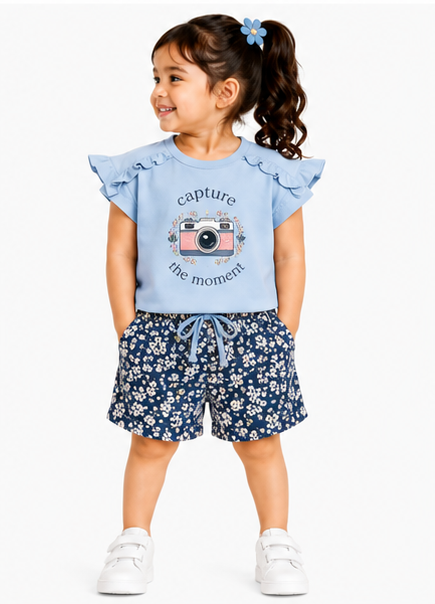 Toddler Girls Ruffle Sleeve Top & Printed Shorts Co-Ord Set (383) - Image 8