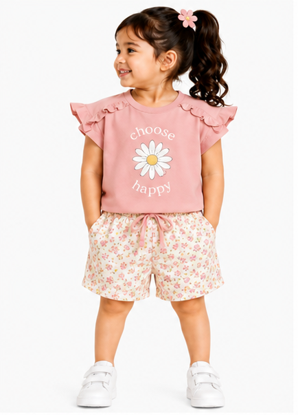 Toddler Girls Ruffle Sleeve Top & Printed Shorts Co-Ord Set (383) - Image 3