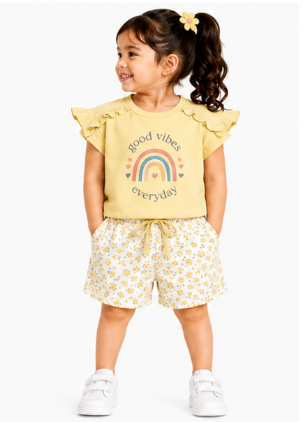 Toddler Girls Ruffle Sleeve Top & Printed Shorts Co-Ord Set (383)