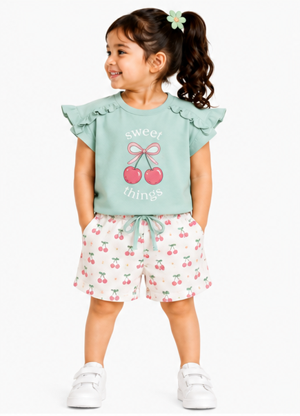 Toddler Girls Ruffle Sleeve Top & Printed Shorts Co-Ord Set (383) - Image 5