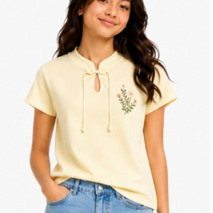 Teen Girls Embroidered Keyhole Neck Top (391)