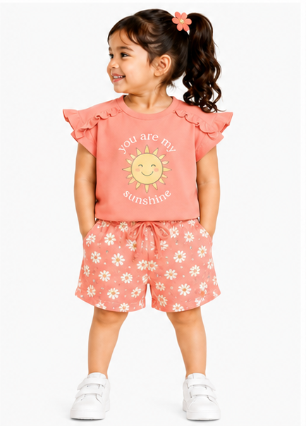 Toddler Girls Ruffle Sleeve Top & Printed Shorts Co-Ord Set (383) - Image 7