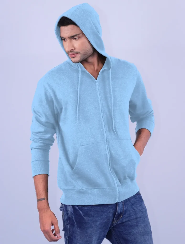 Sky Blue Polycotton Hoodie with Zipper 300GSM