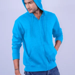 T Blue Polycotton Hoodie with Zipper 300GSM