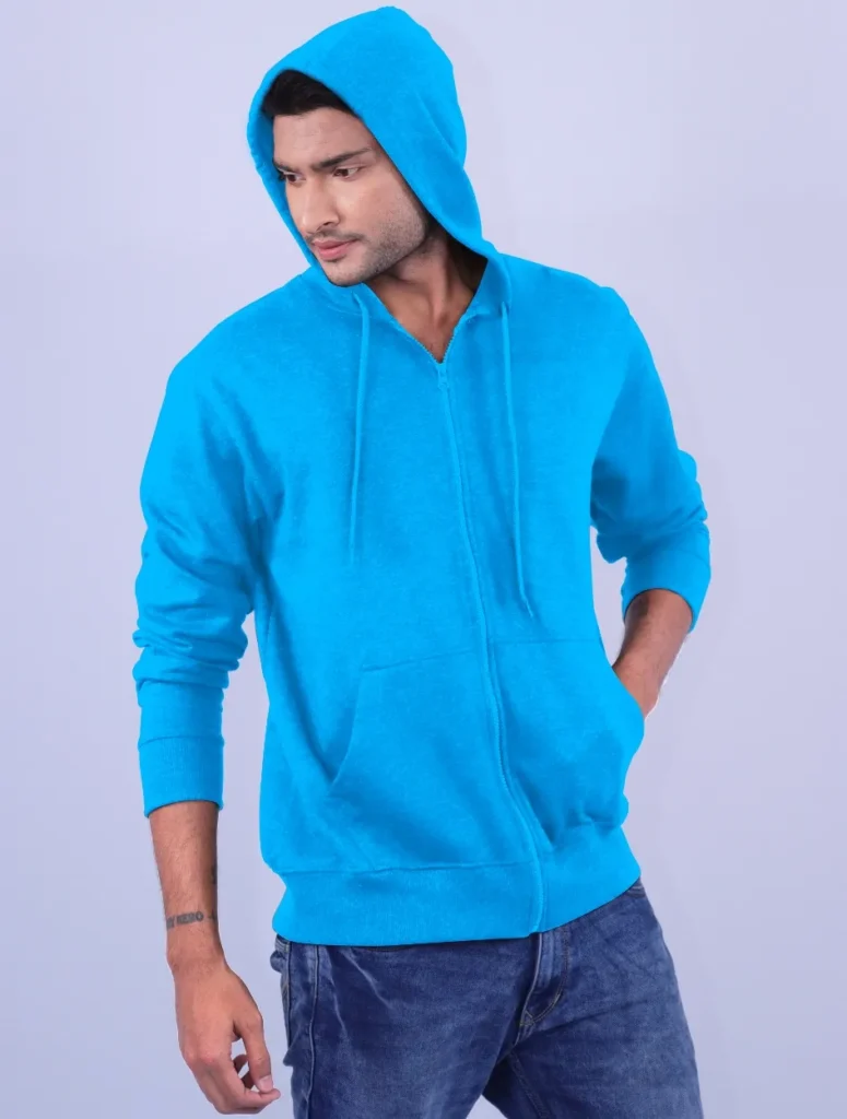 T Blue Polycotton Hoodie with Zipper 300GSM