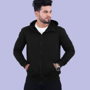 Black Cotton Hoodie with Zipper 300GSM