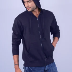 Navy Blue Polycotton Hoodie with Zipper 300GSM
