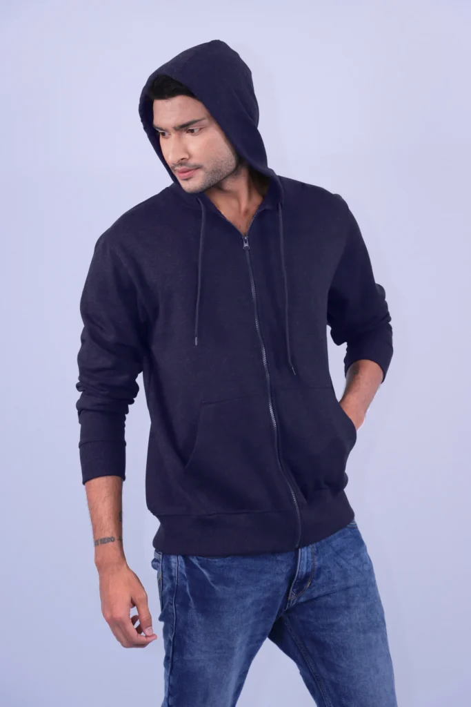 Navy Blue Polycotton Hoodie with Zipper 300GSM