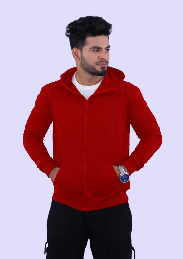 Red Cotton Hoodie with Zipper 300GSM