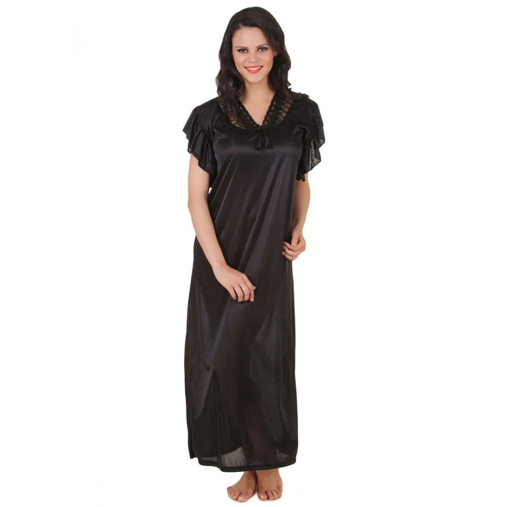 Women's Satin Long Nighty Frill Sleeve(Color: Black, Neck Type: V Neck)