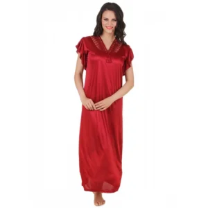 Women's Satin Long Nighty Frill Sleeve(Color: Maroon, Neck Type: V Neck)