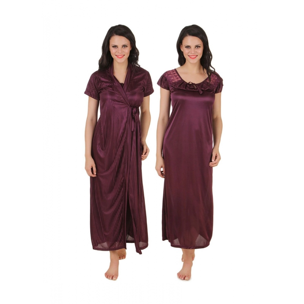 Women's Satin 2 PCs Set Of Nighty And Wrap Gown with Half Sleeve(Color: Choclate Brown, Neck Type: U Neck)