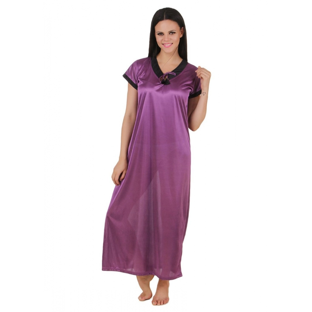 Women's Satin Long Nighty Mega Sleeve(Color: Purple, Neck Type: V Neck)