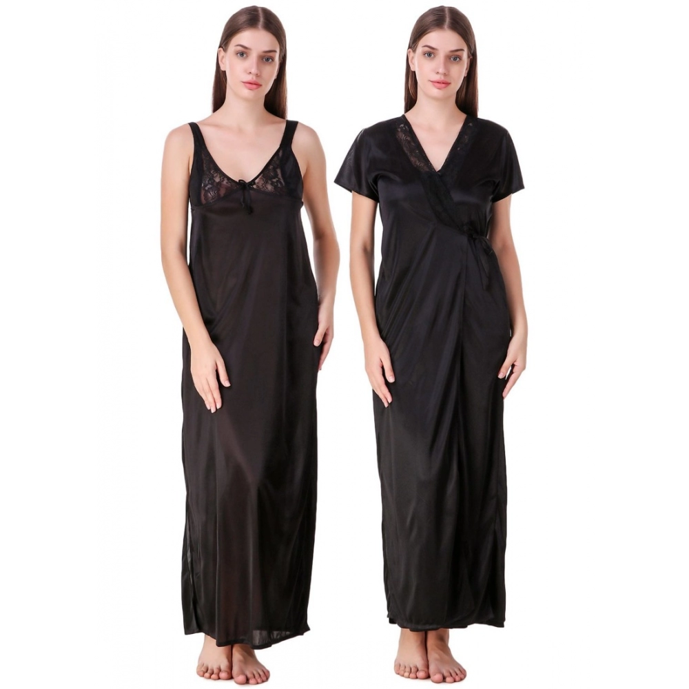 Women's Satin 2 PCs Set of Nighty And Wrap Gown with Half Sleeve(Color: Maroon, Neck Type: V Neck)