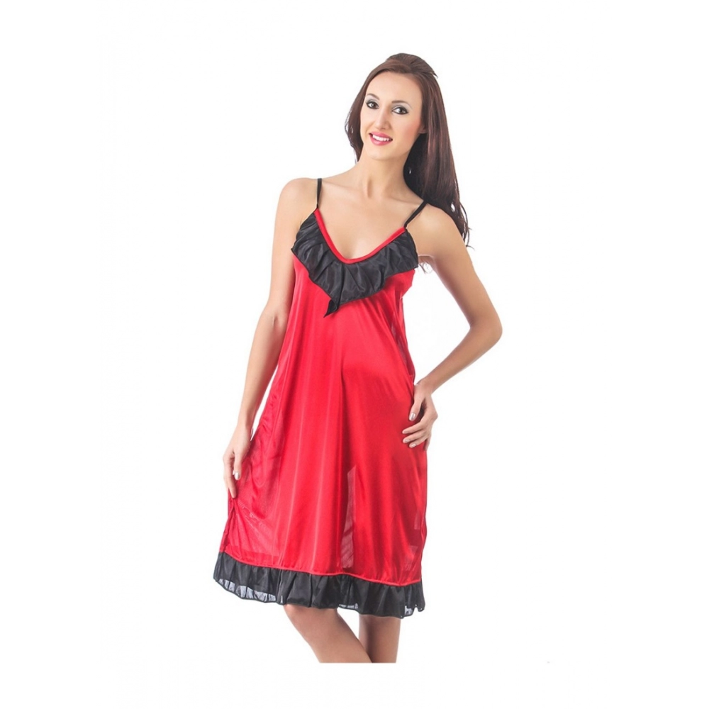 Women's Satin Short Nighty with Sleeve Less(Color: Maroon and Black, Neck Type: V Neck)