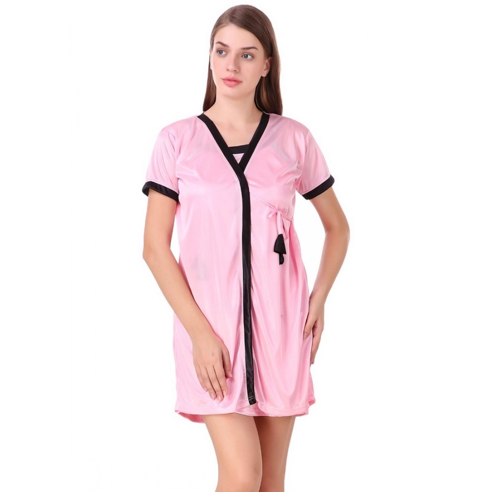 Women's Satin Short Wrap Gown with Half Sleeve(Color: Baby Pink and Black, Neck Type: V Neck)