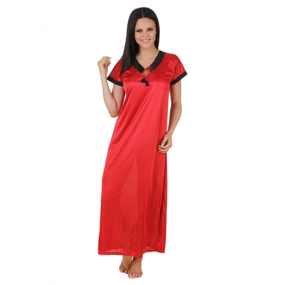 Women's Satin Long Nighty Mega Sleeve(Color: Red, Neck Type: V Neck)