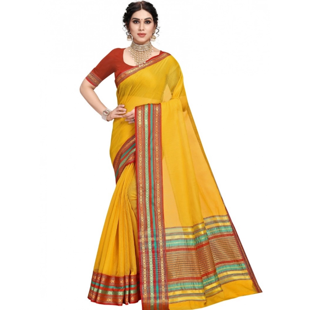 Generic Women's Kota Doria Cotton Bordered Saree With Blouse (Yellow, 5-6 Mtrs)