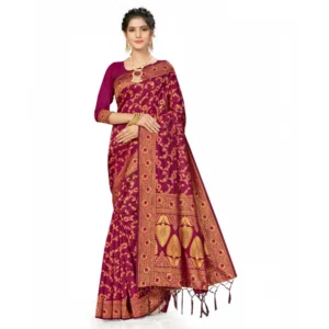 Generic Women's Banarasi Silk Saree With Blouse (Wine, 5-6Mtrs)
