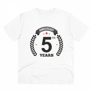 Generic Men's PC Cotton 5th Anniversary Printed T Shirt (Color: White, Thread Count: 180GSM)