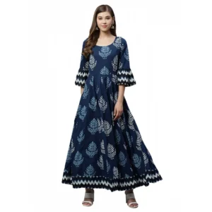 Generic Women's Cotton Printed Regular Kurti (Blue, Cotton )