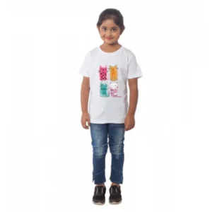 Generic Girls Cotton Cat Half Sleeve TShirt (White)