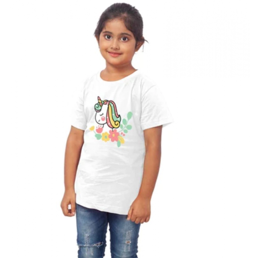 Generic Girls Cotton Unicorn Face Half Sleeve TShirt (White) - Image 4