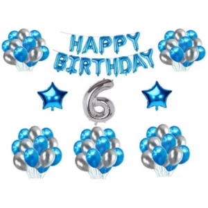 Generic 6Th Happy Birthday Decoration Combo With Foil And Star Balloons (Blue, Silver)