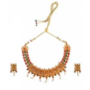 Generic Women's Temple Necklace and Earrings Set in Gold Plating (Multi Color, Free Size)