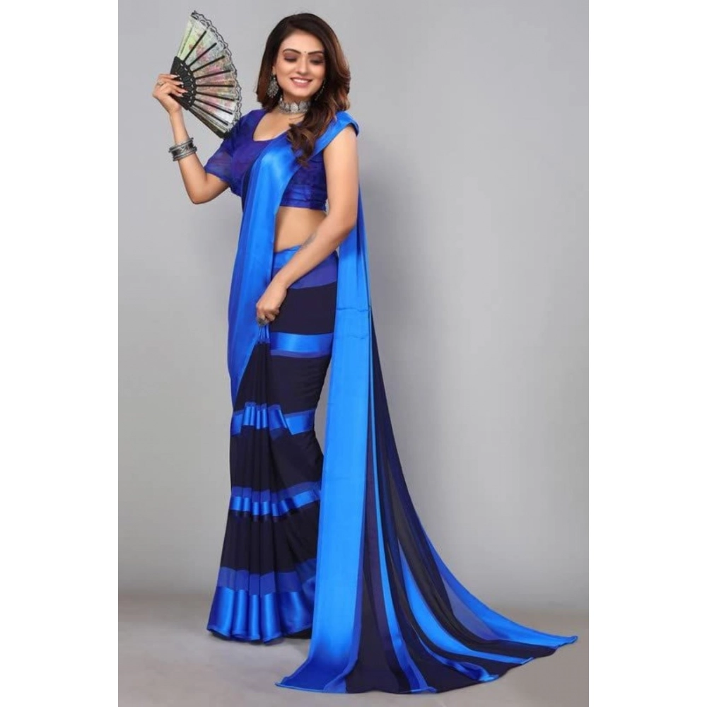 Generic Women's Satin Patta Printed Saree With Unstitched Blouse (Skyblue) - Image 4