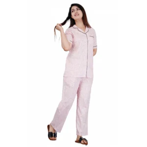 Generic Women's Casual Half Sleeve Printed Viscose Rayon Shirt With Pyjama Pant Night Suit Set (Pink)