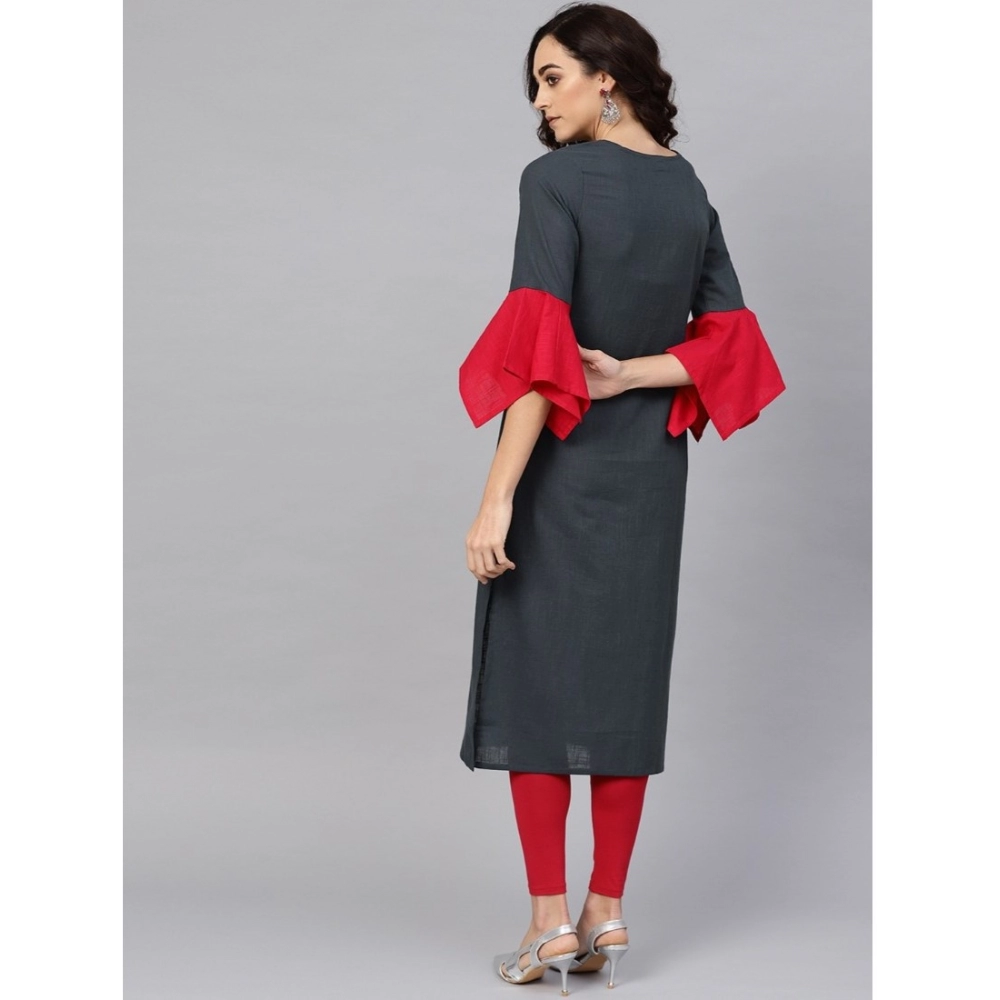 Generic Women's Casual Bell Sleeves Mirror Work Cotton Slub Kurti (Grey) - Image 2