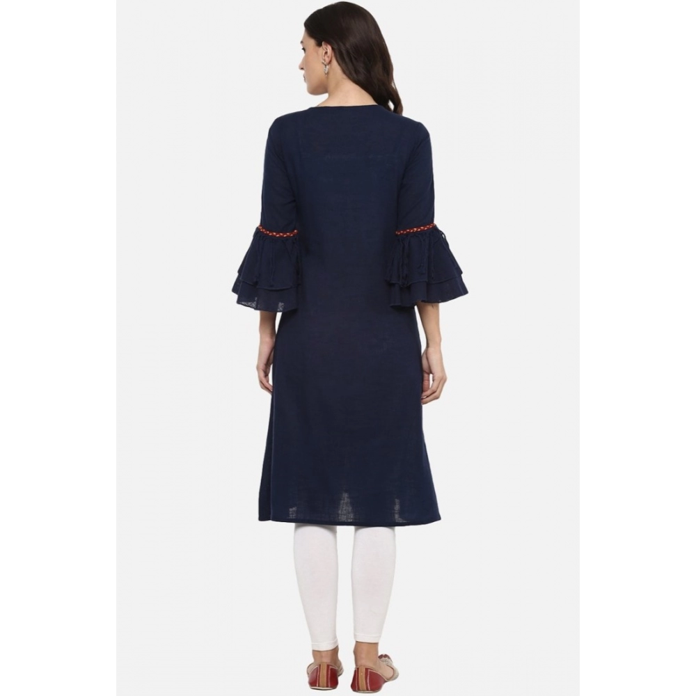 Generic Women's Casual Bell Sleeves Solid Cotton Slub Kurti (Blue) - Image 2