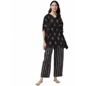 Generic Women's Casual Kimono Sleeve Floral Printed Cotton Pyjama Set (Black)