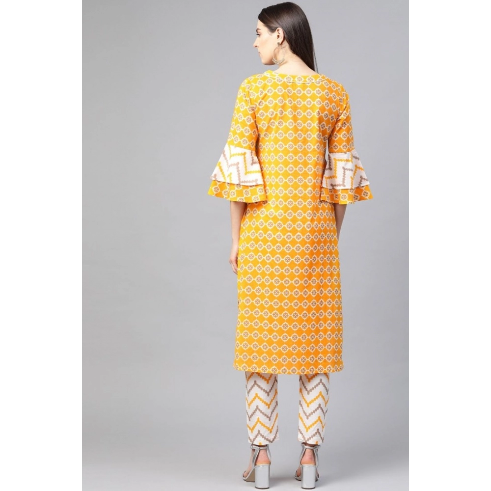 Generic Women's Casual 3/4 th Sleeve Floral Printed Cotton Kurti Set (Mustard) - Image 2