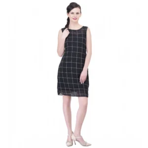 Generic Women's Cotton Blend Checked Sleeveless Sheath Dress (Black)
