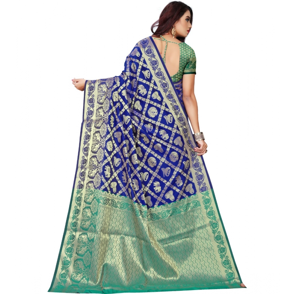 Generic Women's Jacquard Woven Saree With Unstitched Blouse 5.5Mtr (Blue) - Image 3