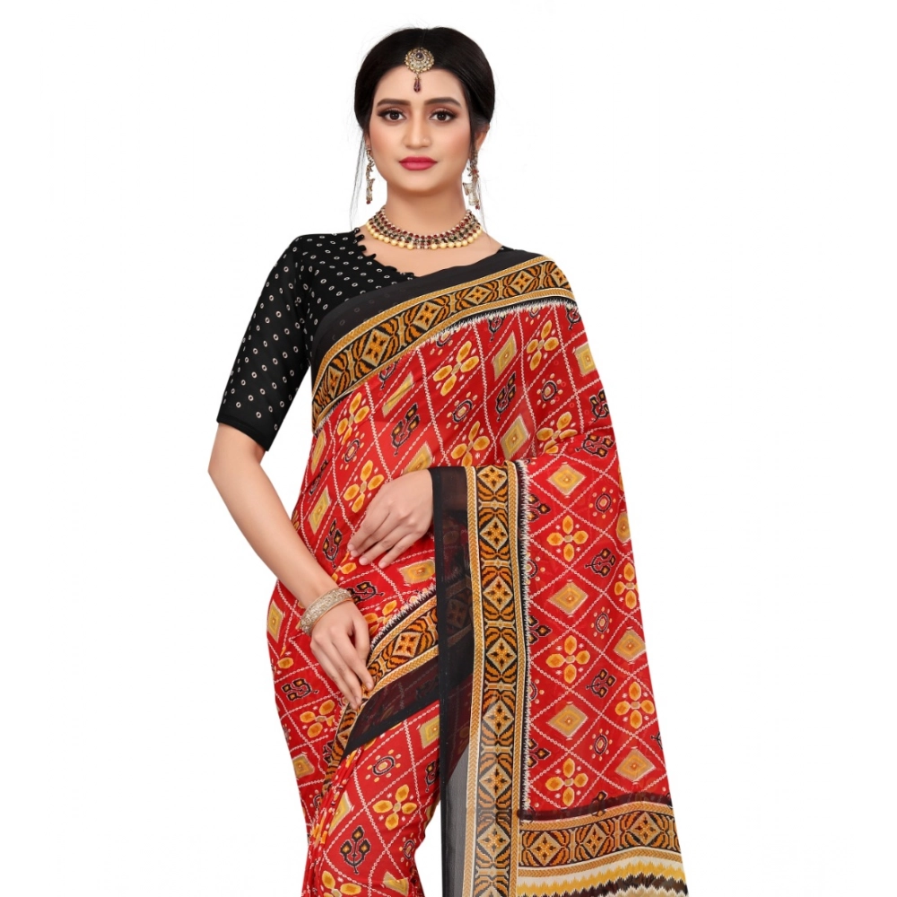 Generic Women's Georgette Floral Print Saree With Unstitched Blouse 5.5Mtr (Red) - Image 2