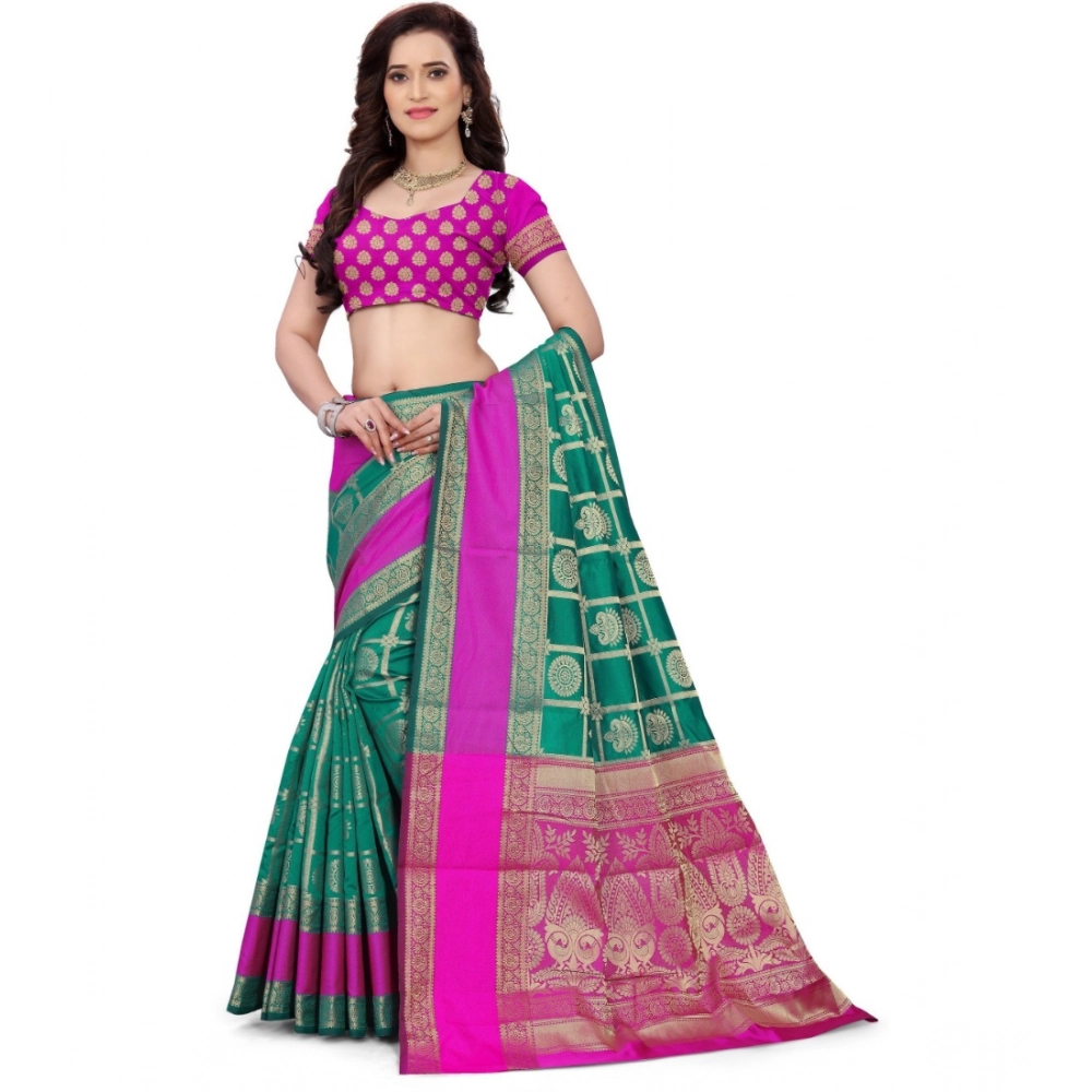 Generic Women's Jacquard Woven Saree With Unstitched Blouse 5.5Mtr (Light Green) - Image 3