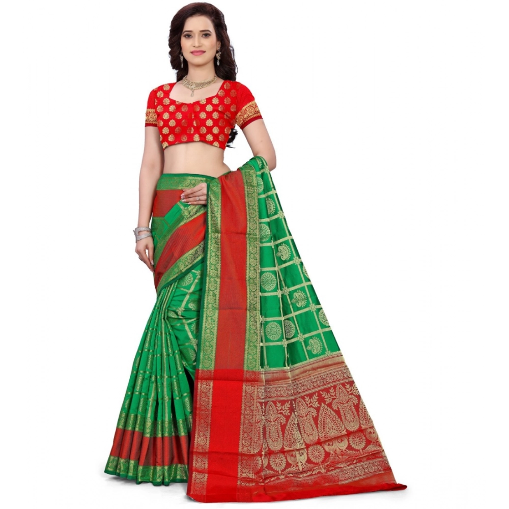 Generic Women's Jacquard Woven Saree With Unstitched Blouse 5.5Mtr (Green) - Image 2