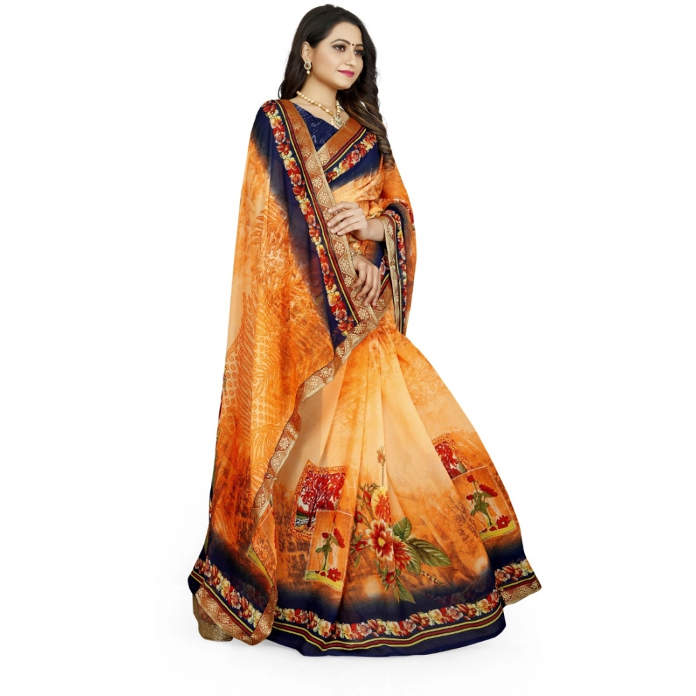 Generic Women's Georgette Floral Print Saree With Unstitched Blouse 5.5Mtr (Blue-Orange) - Image 3