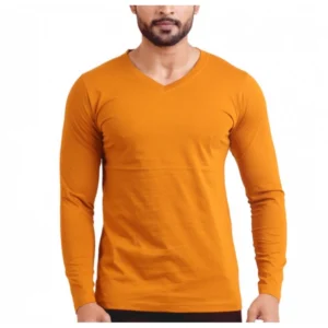 Generic Men's Casual Cotton Solid V Neck Full Sleeve T-Shirt (Mustard)