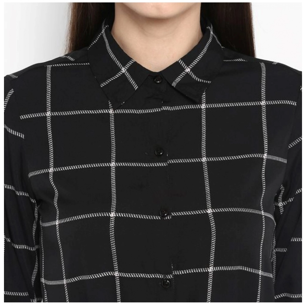 Generic Women's Polyester Checkered Roll Up Sleeve Above Knee Dress (Black - White) - Image 2