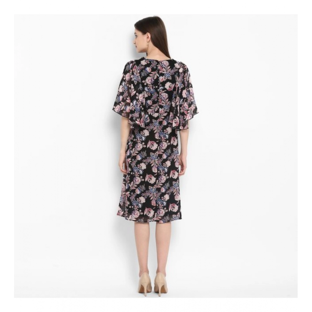 Generic Women's Polyester Floral Short Sleeve Knee-Length Dress (Black - Multicolor) - Image 7