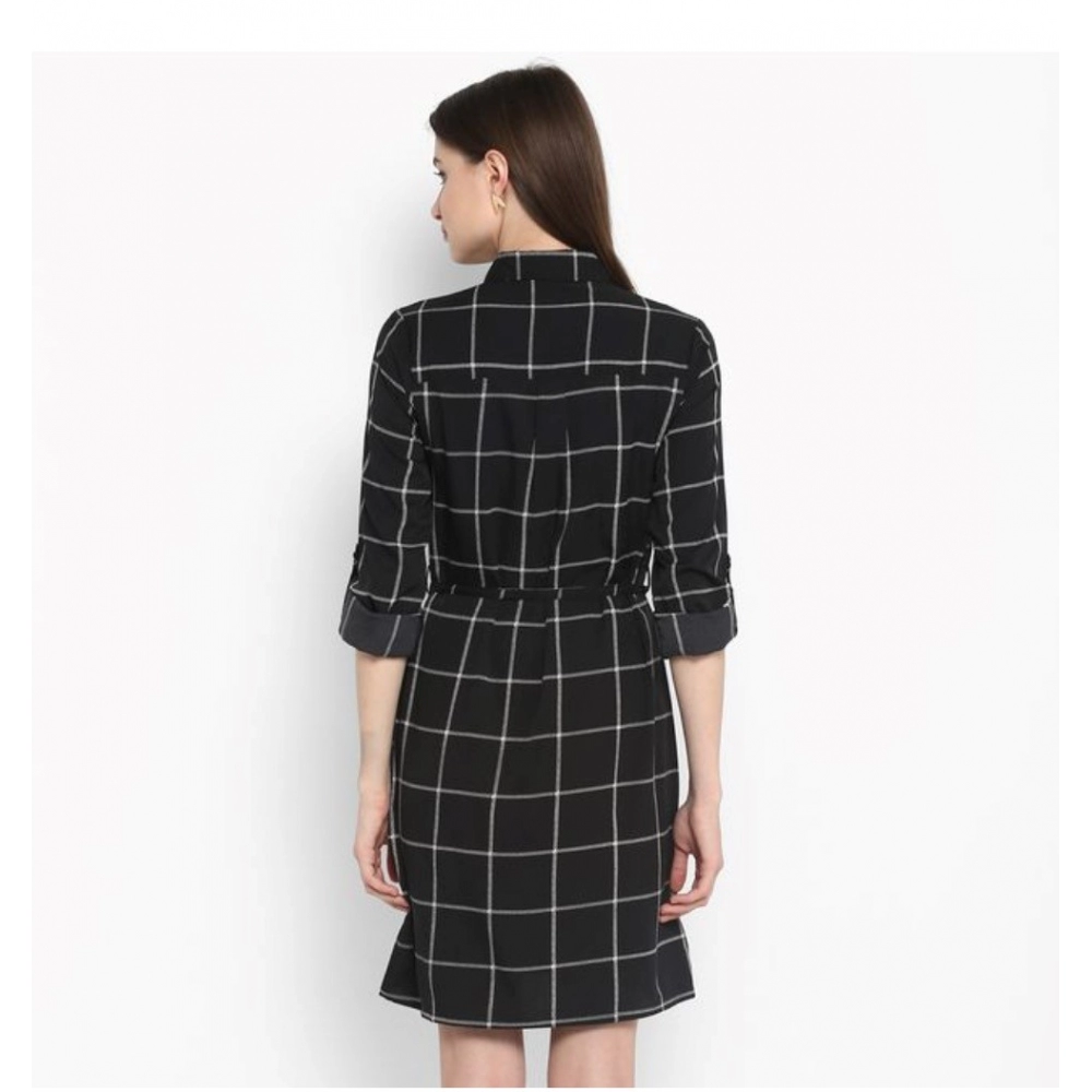 Generic Women's Polyester Checkered Roll Up Sleeve Above Knee Dress (Black - White) - Image 7
