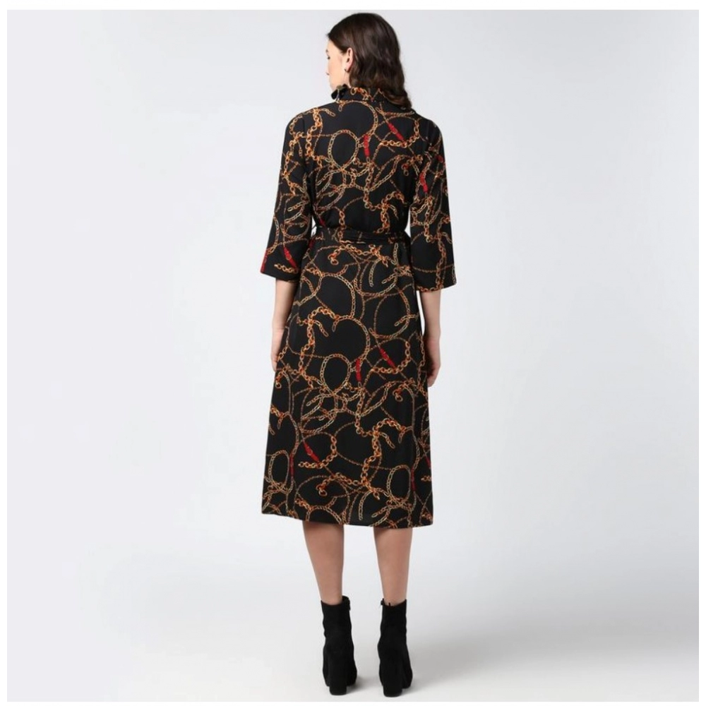 Generic Women's Polyester Chain Print Roll Up Sleeve Below Knee Dress (Black - Yellow) - Image 7