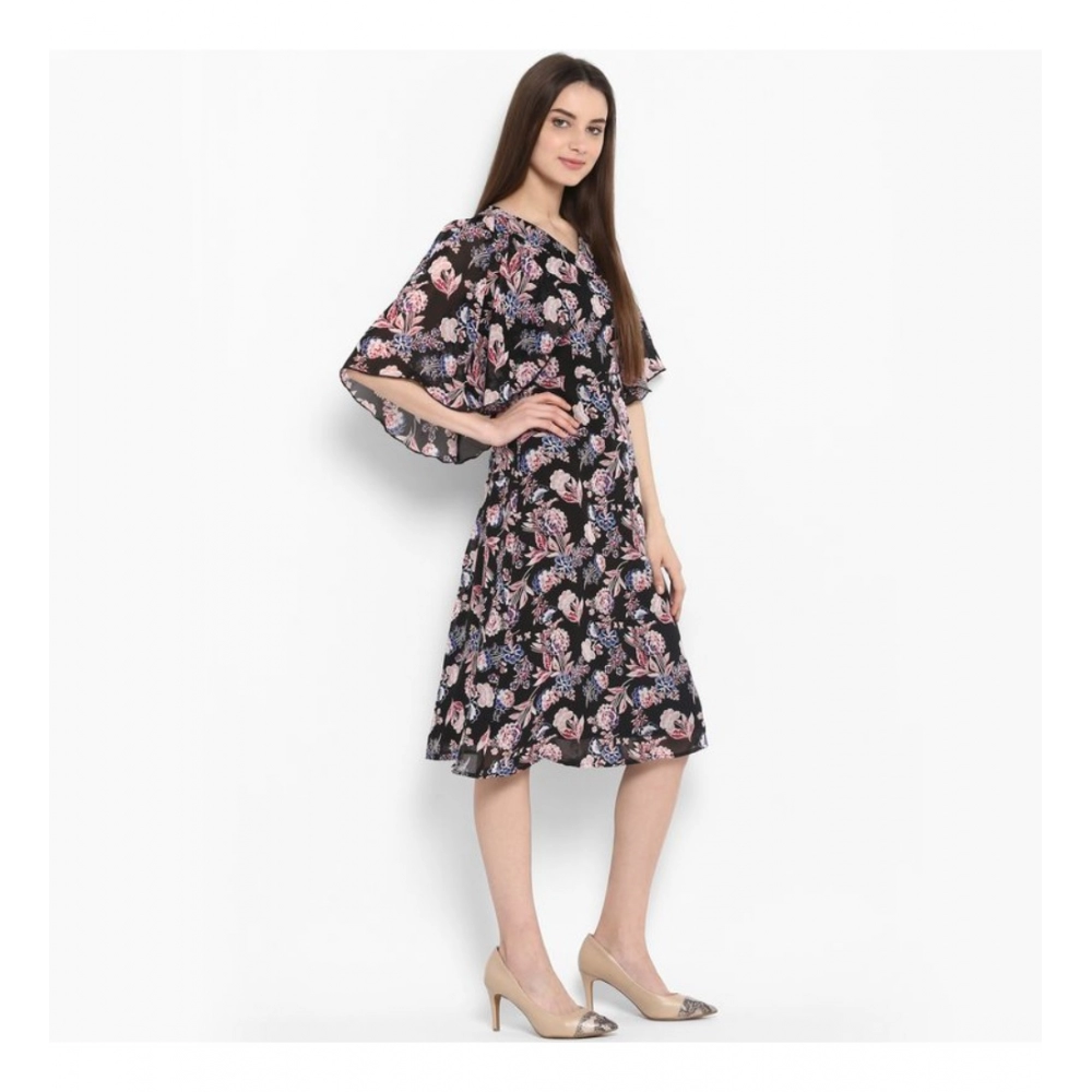 Generic Women's Polyester Floral Short Sleeve Knee-Length Dress (Black - Multicolor) - Image 4